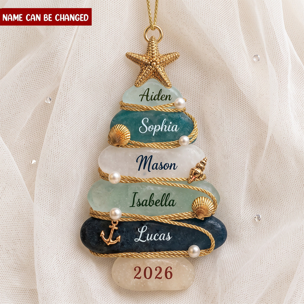Custom Sea Glass Tree Ornament, Personalized Beach Family Christmas Decor