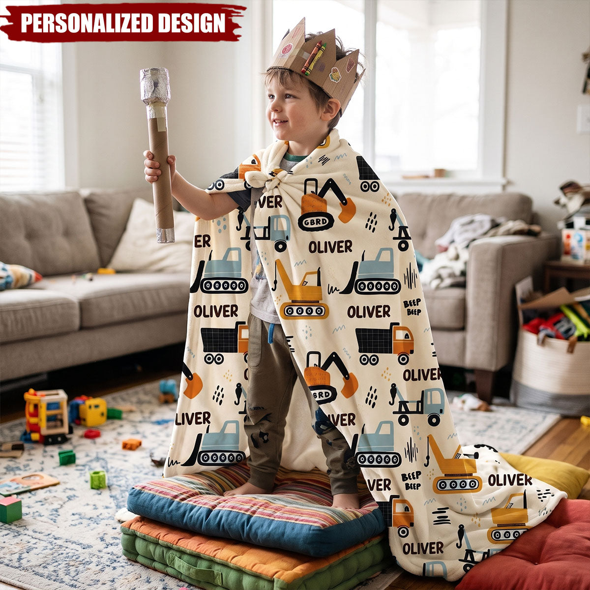 Construction Vehicle Custom Baby Name - Personalized Fleece Blanket