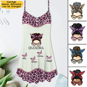 Leopard Messy Bun Grandma with Butterfly Grandkids Personalized Summer Dress