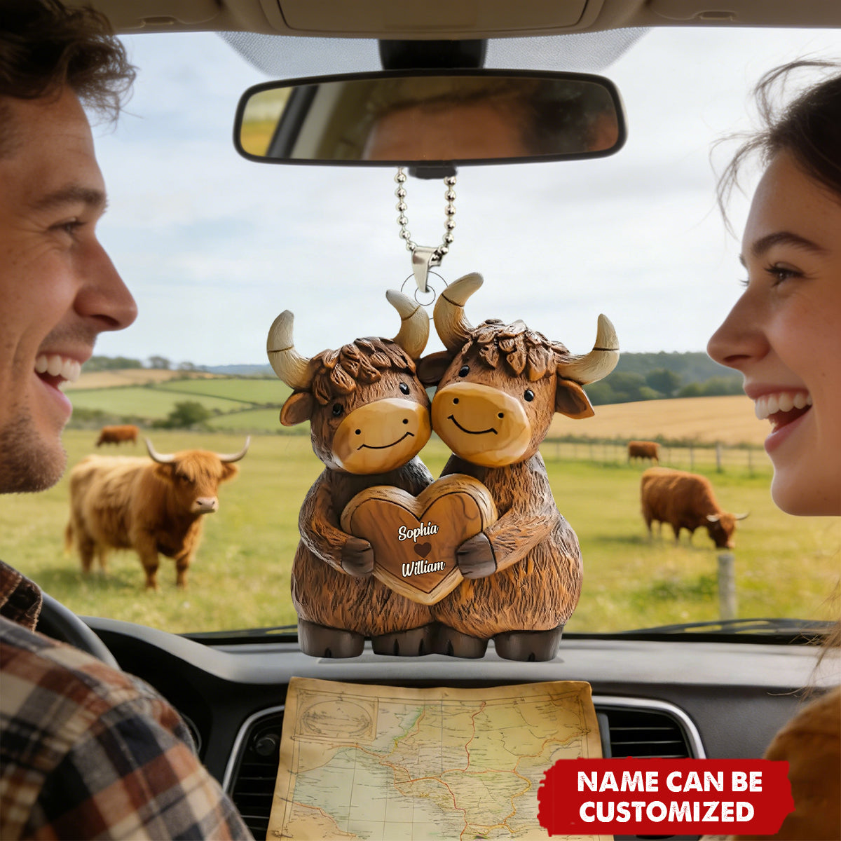 Highland Cow Couple - Personalized Acrylic Car Ornament