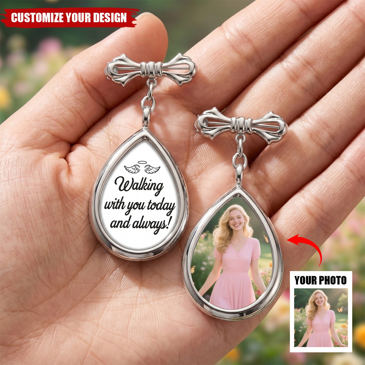 Custom Memorial Graduation Photo Teardrop Pin - Walking With You Today And Always