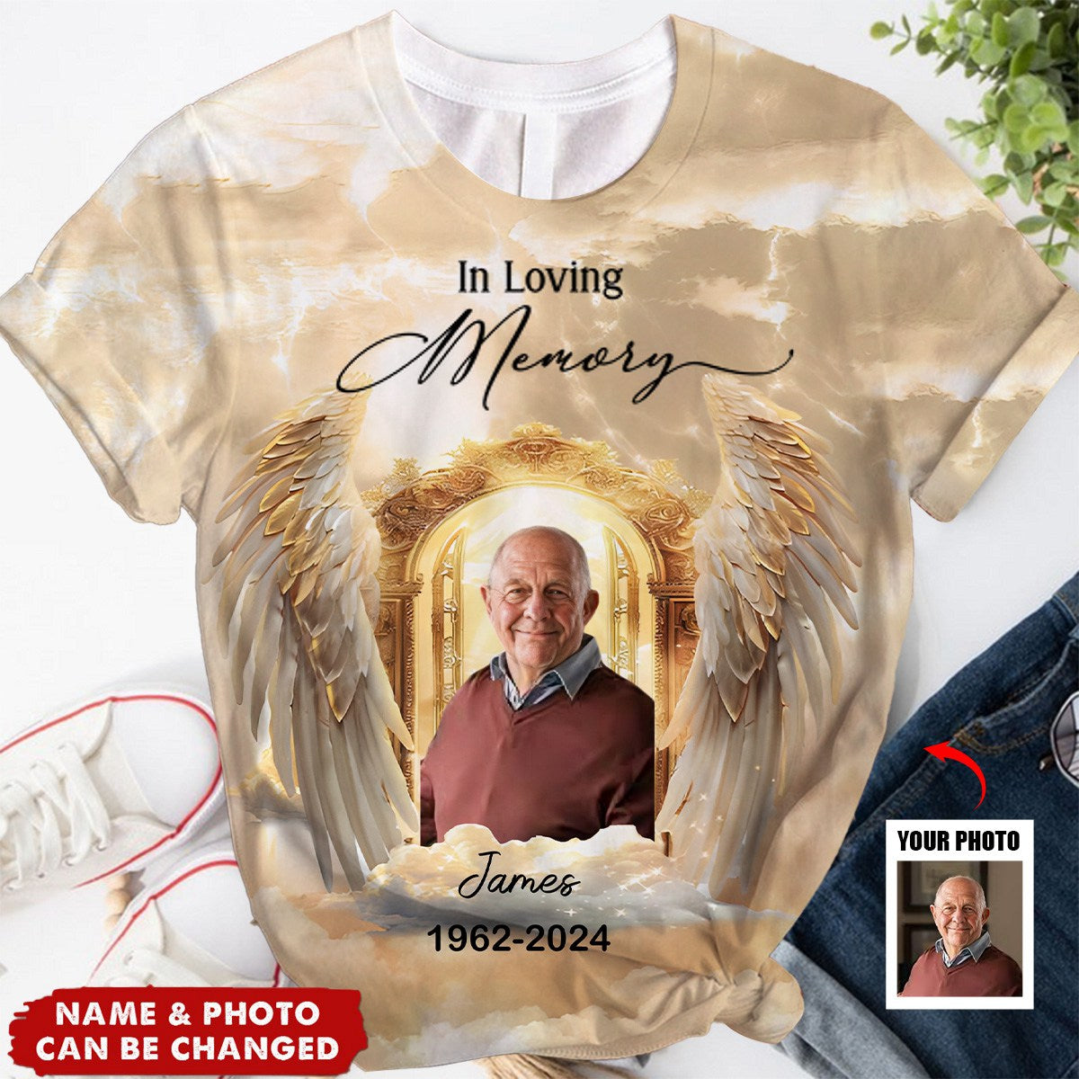 Personalized Upload Photo Sparkling Golden Angel Wings Heaven Gate, Your Wings Were Ready But My Heart Was Not
