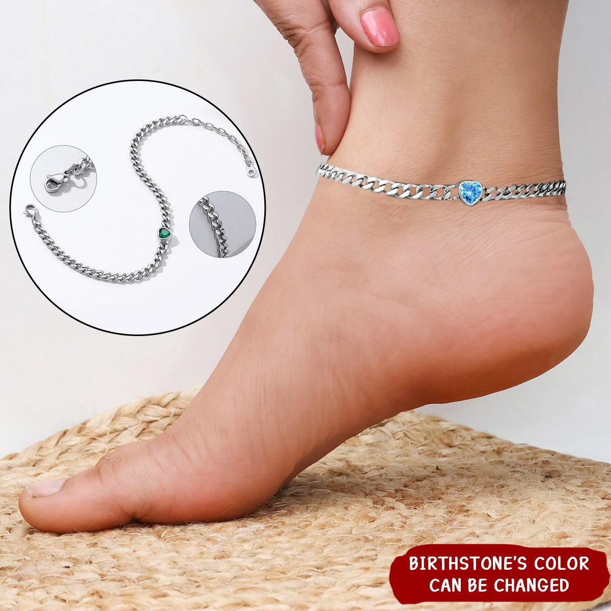 Personalized Cuban Link Heart Birthstone Anklet for Women