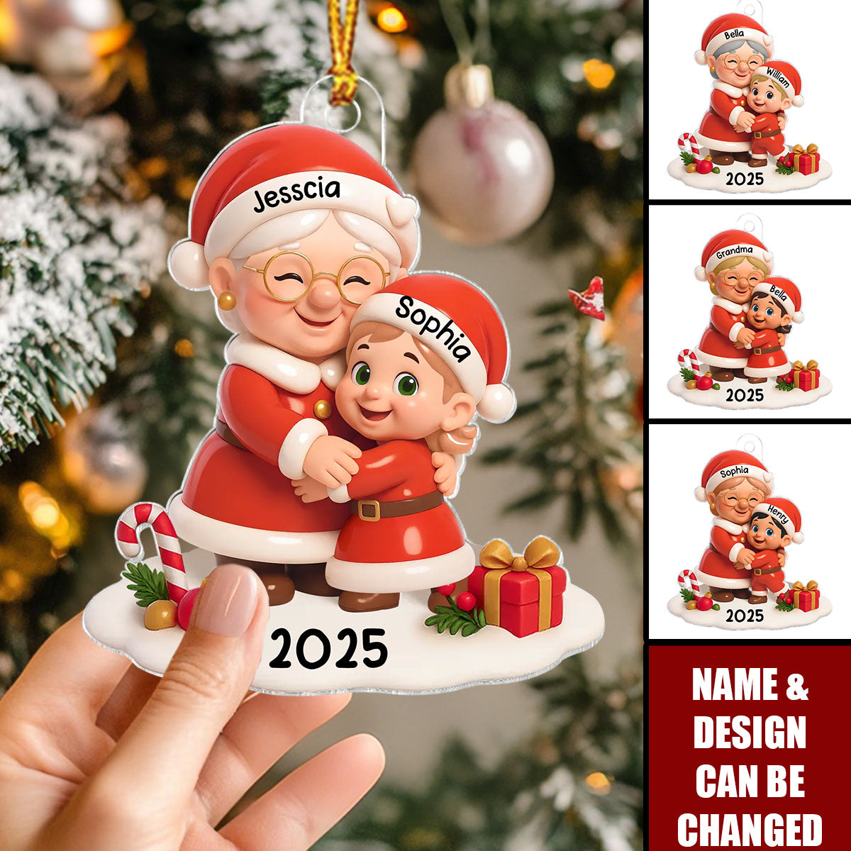 Santa Grandma Hugging Grandkid 3D Effect Personalized Acrylic Ornament