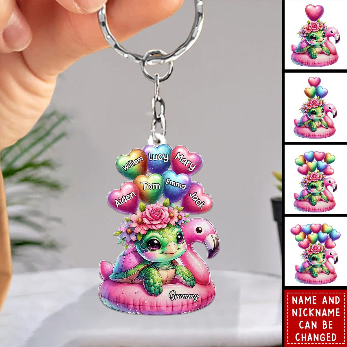 Summer Vibe Cute Floral Pastel Grandma Auntie Mom Sea Turtle Little Balloon Heart Kids Personalized Keychain