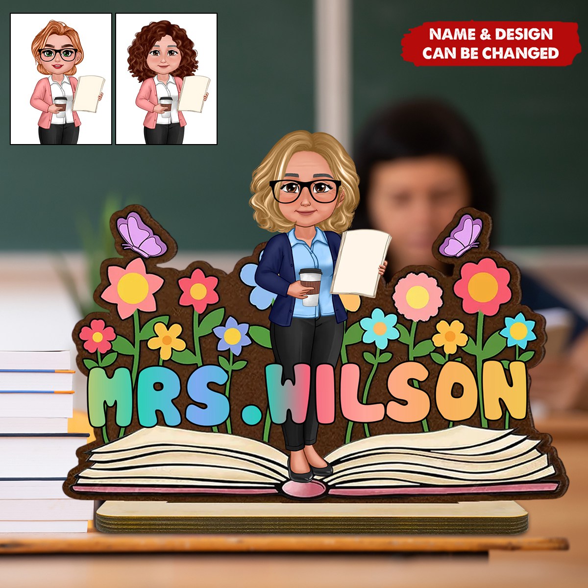 Teacher Flowers Book Personalized Standing Wooden Plaque