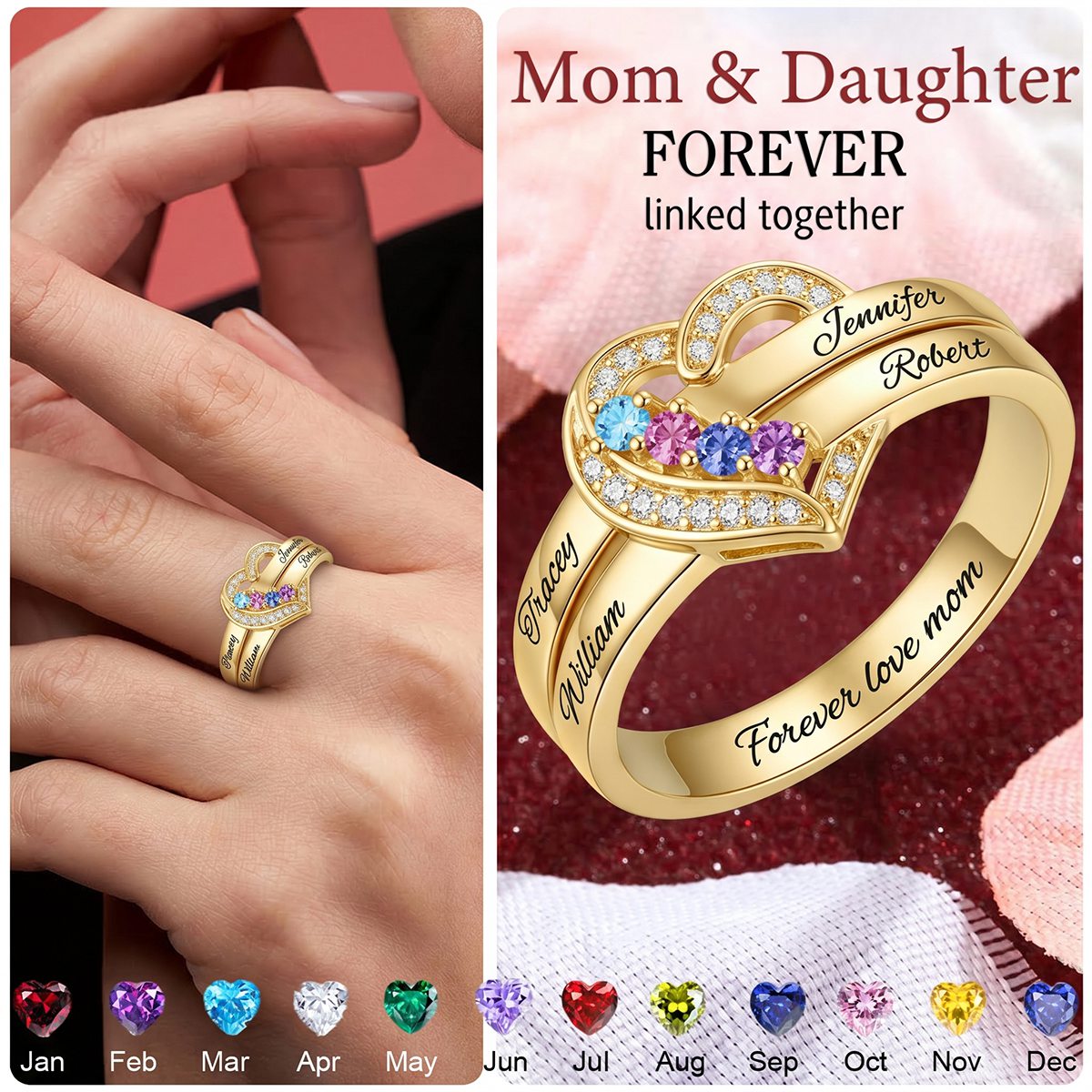 Custom Name Gemstones Jewelry Heart Shaped For Grandma Mom - Personalized Birthstone Heart Ring