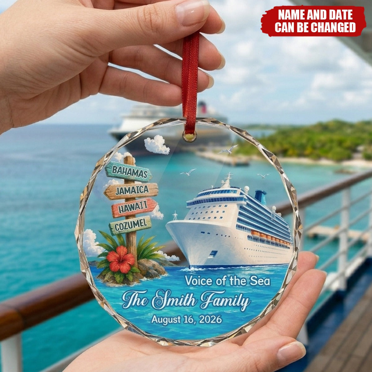 Custom Cruise Ship Circle Glass Ornament - Personalized Christmas Birthday Gifts For Mom, Dad, Brother, Sister - Making Waves Together