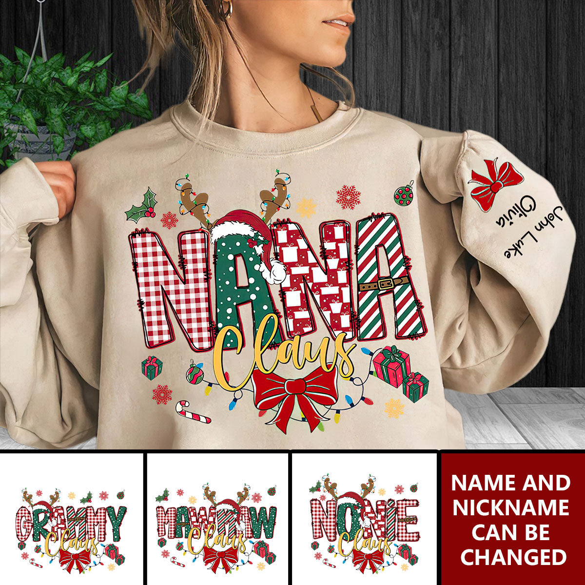 Personalized Christmas Nana Claus Sweatshirt, Christmas Tree Cake Coquette Bow Candy Cane Santa Hot Cocoa Sweatshirt