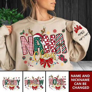 Personalized Christmas Nana Claus Sweatshirt, Christmas Tree Cake Coquette Bow Candy Cane Santa Hot Cocoa Sweatshirt