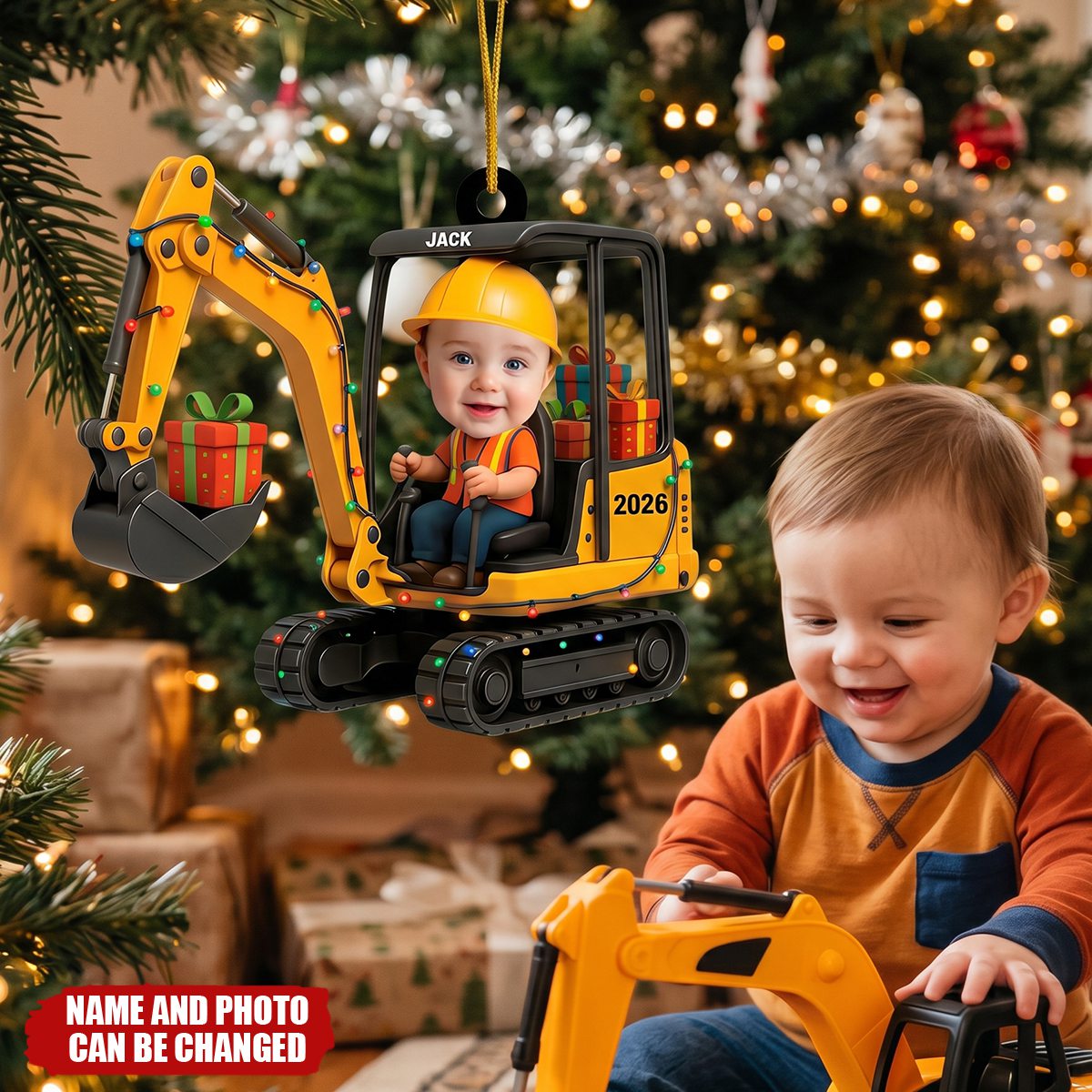 Personalized Excavator Christmas Ornament, Custom Kid Face Keepsake, Gift For Kids & Family
