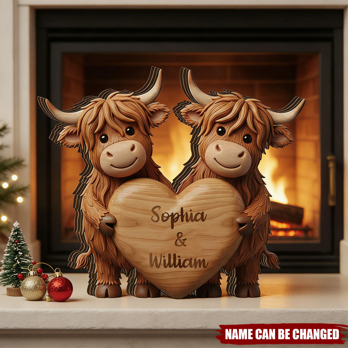 Custom Highland Cow Couple Wooden Blocks Personalized Cow Wood Plaque