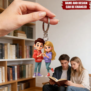 Cute Cartoon Couple Heartfelt Moment - Personalized Acrylic Keychain - Sentimental Gift for him, for her