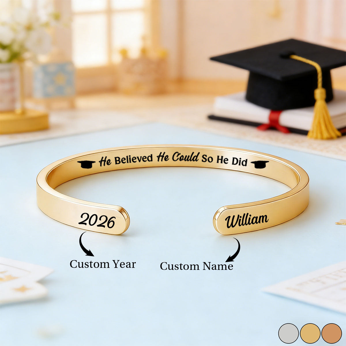 She Believed She Could So She Did Graduation - Personalized Bangle Bracelet Cuff