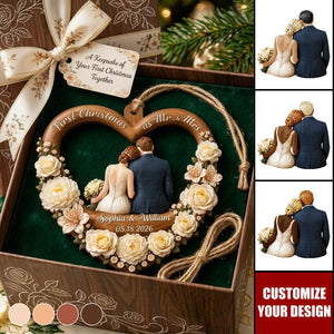 First Christmas Married Wooden Ornament, Seated Bride & Groom From Behind by a Glowing Tree, Creative Gift for Newlyweds