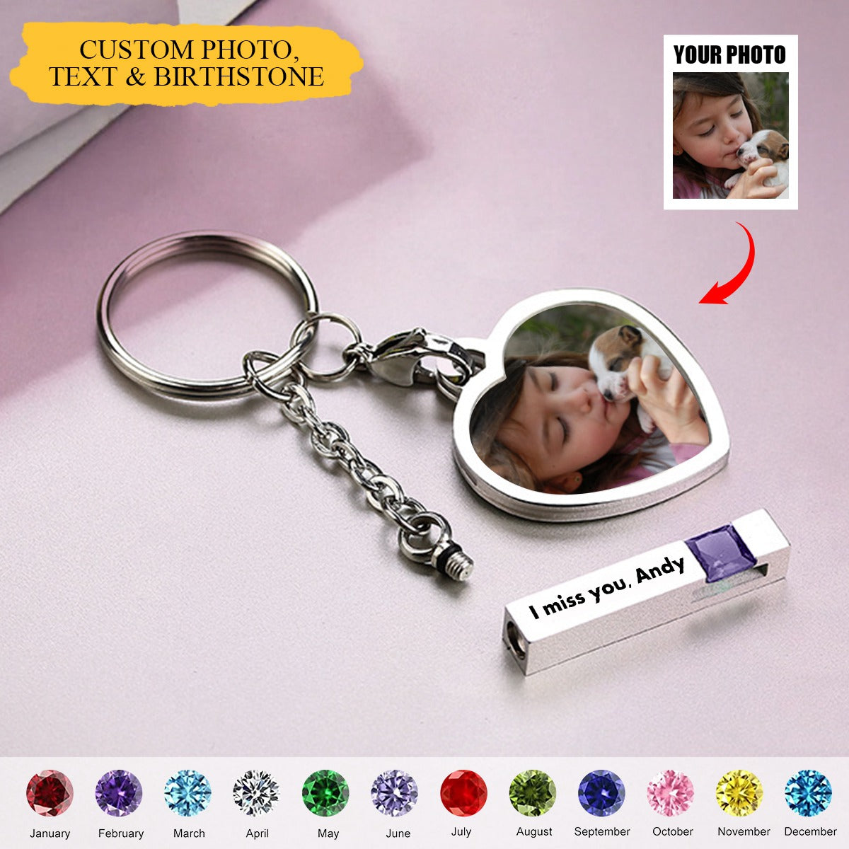 Memorial Custom Heart Shaped Photo Birthstone Personalized Urn Keychain