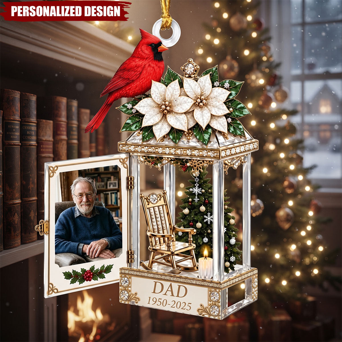 Personalized Memorial Acrylic Ornament, Custom Photo Name Cardinal Lantern Christmas Keepsake