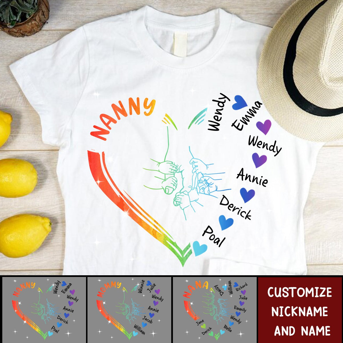 Grandma Mama And Kid Hands Heart Personalized T-Shirt