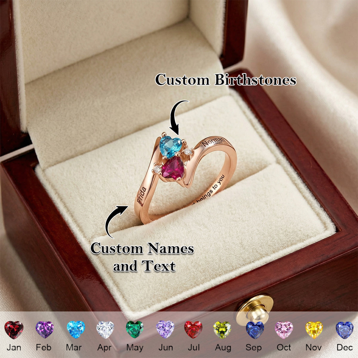 Forever In Love - Personalized Double Heart Birthstones Ring,  Gift for Couple