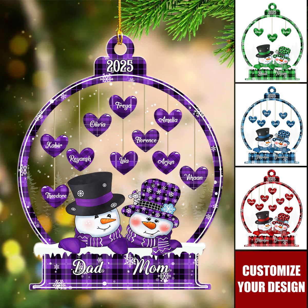 Sparkling Christmas Snowman Papa Nana Dad Mom Heart Kids In Snowball Personalized Ornament