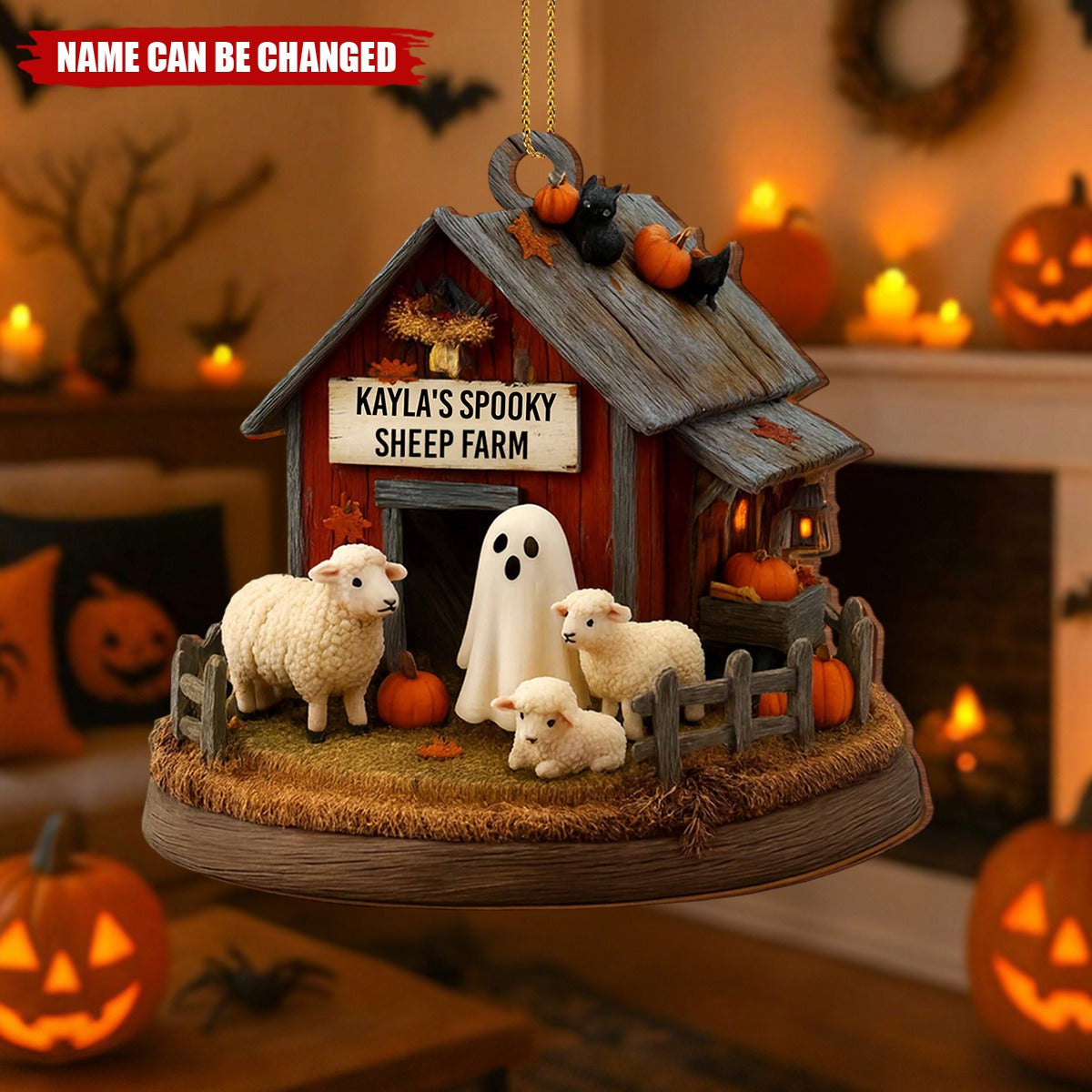 Spooky Sheep Farm, Custom Wood Ornament, Gift For Family and Halloween Enthusiasts