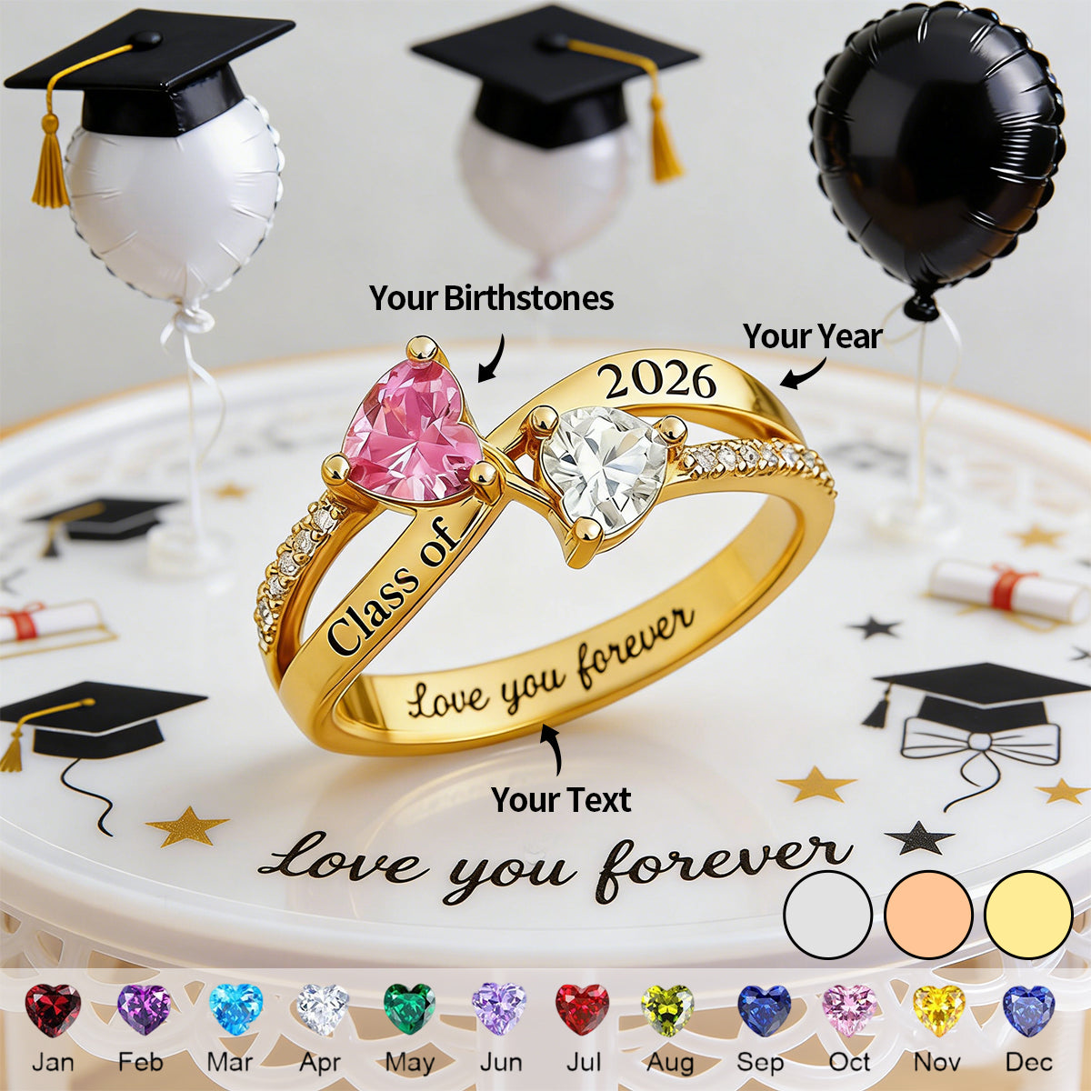 Graduate Duo Birthstone Commencement Knot Ring