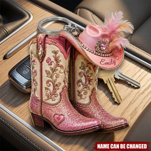 Personalized Cowgirl Boots Acrylic Keychain, Custom Western Hat Keychain, Cowgirl Heart Keyring, Cowboy Keepsake Gift