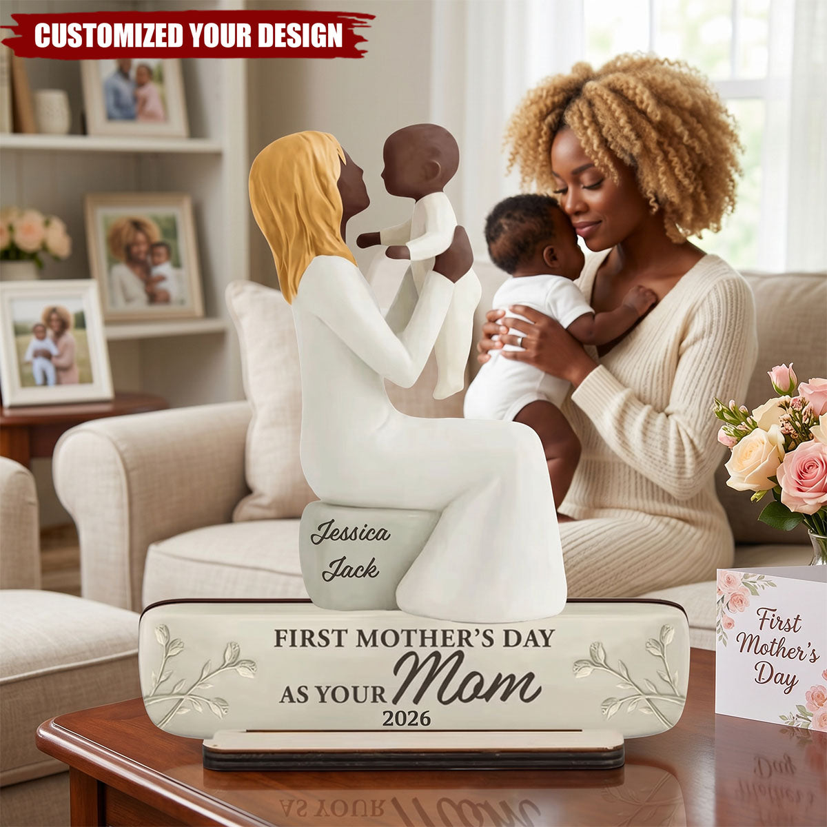 Personalized 2-Layer Wooden Plaque, Mom Holding Baby Keepsake,  Unique First Mother's Day Gift