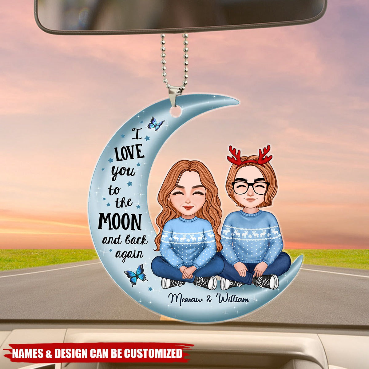 Cute Grandma & Teenage Grandkid Granddaughter Grandson On Moon Personalized Acrylic Car Ornament