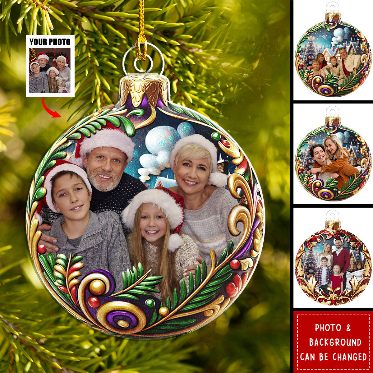 Custom Photo Christmas Ball With Floral Pattern Personalized Acrylic Ornament
