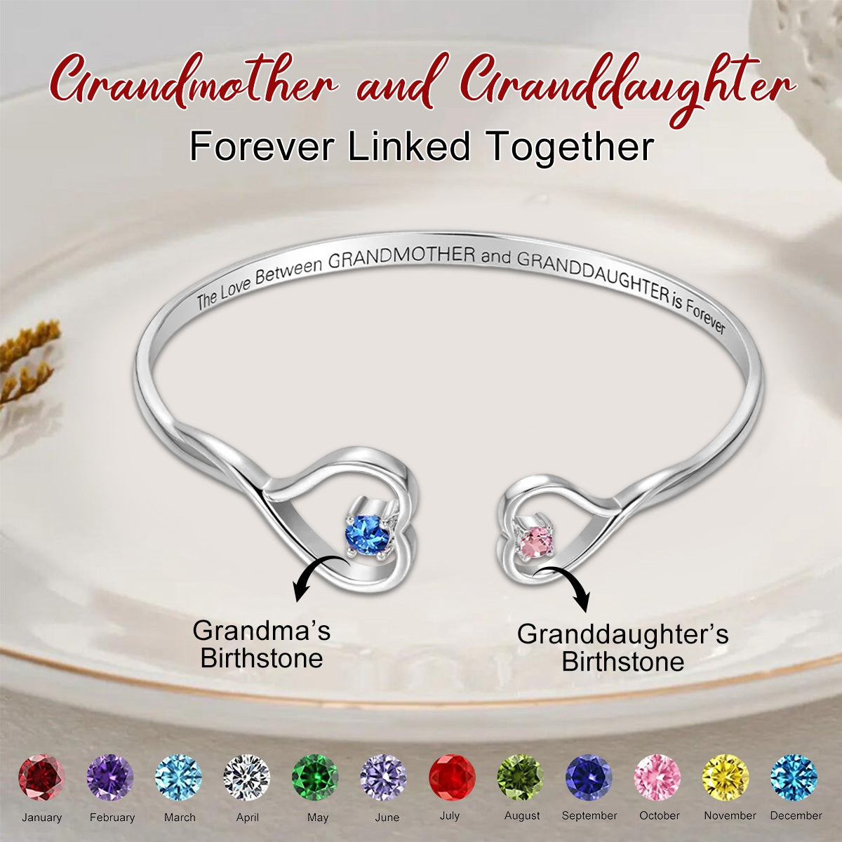Personalized Double Birthstone Heart Adjustable Bangle with Engraved Text - Birthday Mother's Day Gift for Grandma Granddaughter