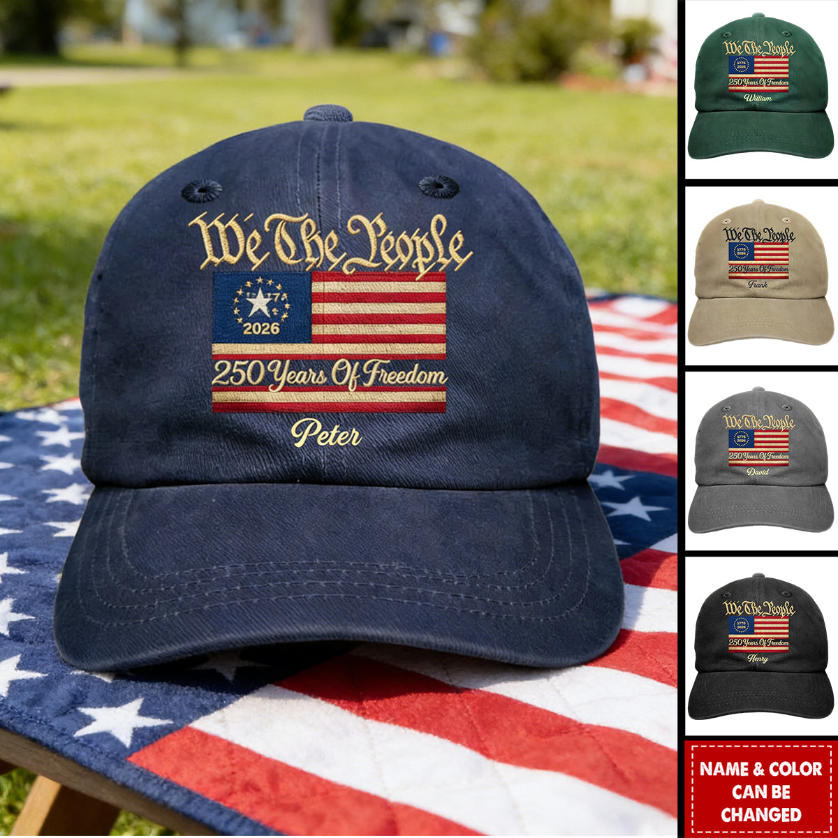 Stars And Stripes Faux Embroidery Effect We The People - Personalized Vintage Washed Denim Cap