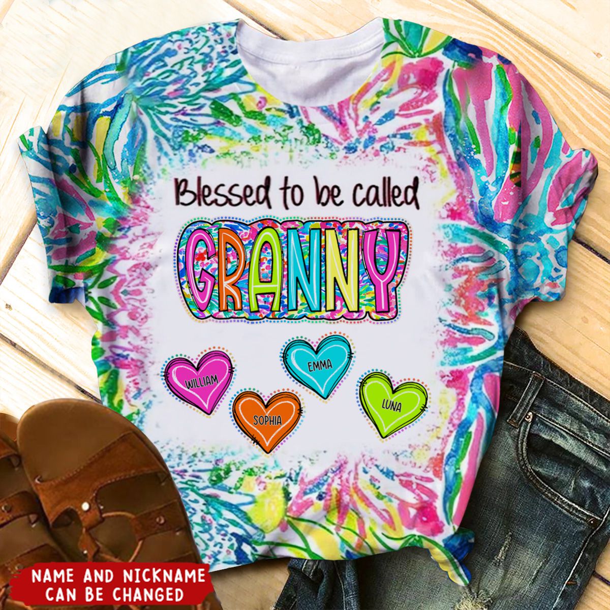 Grandma Nana Gigi Scribble Doodle Sweetheart Grandkids Personalized 3D T-shirt