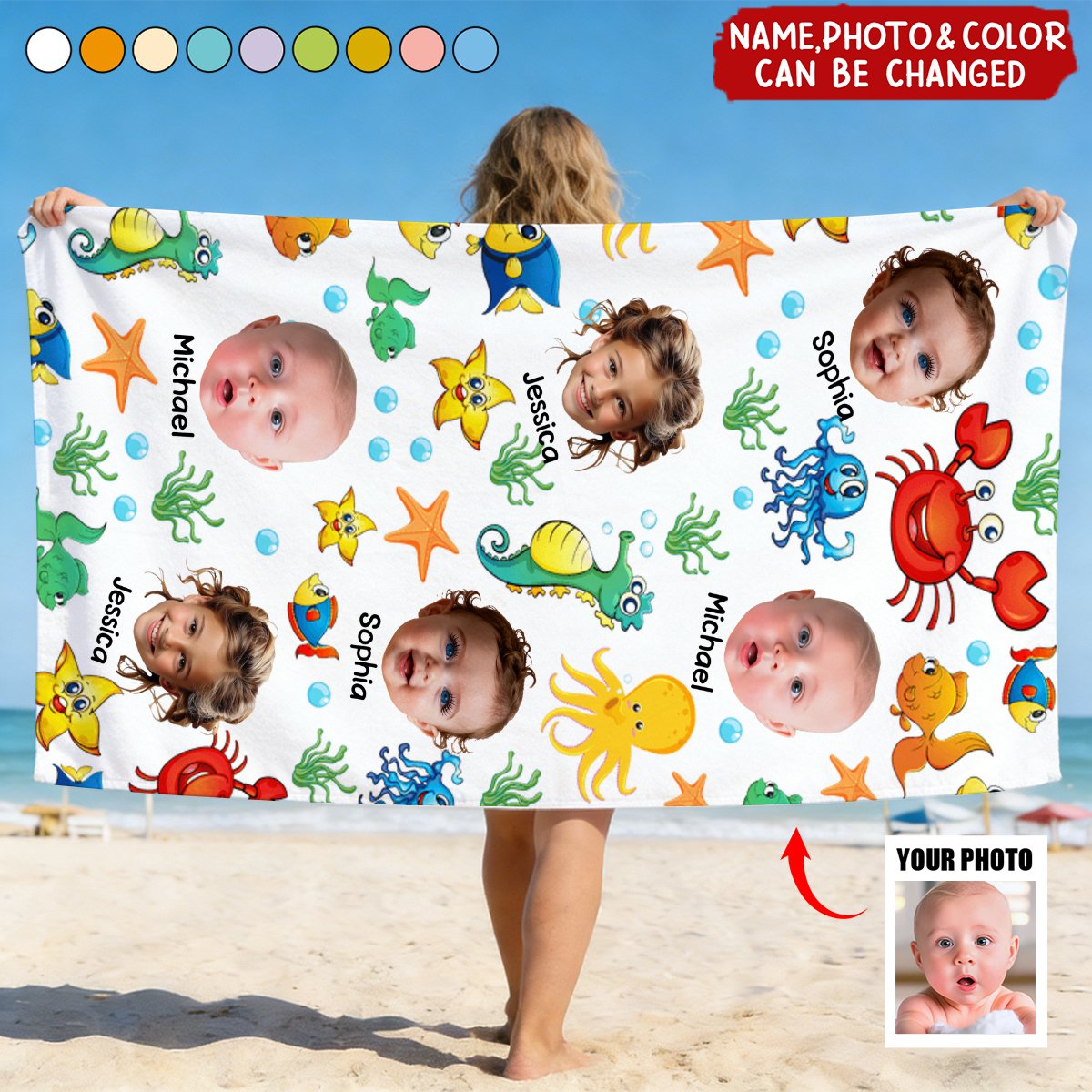 Cute Kid Faces & Watercolor Sea Creatures - Personalized Photo Beach Towel