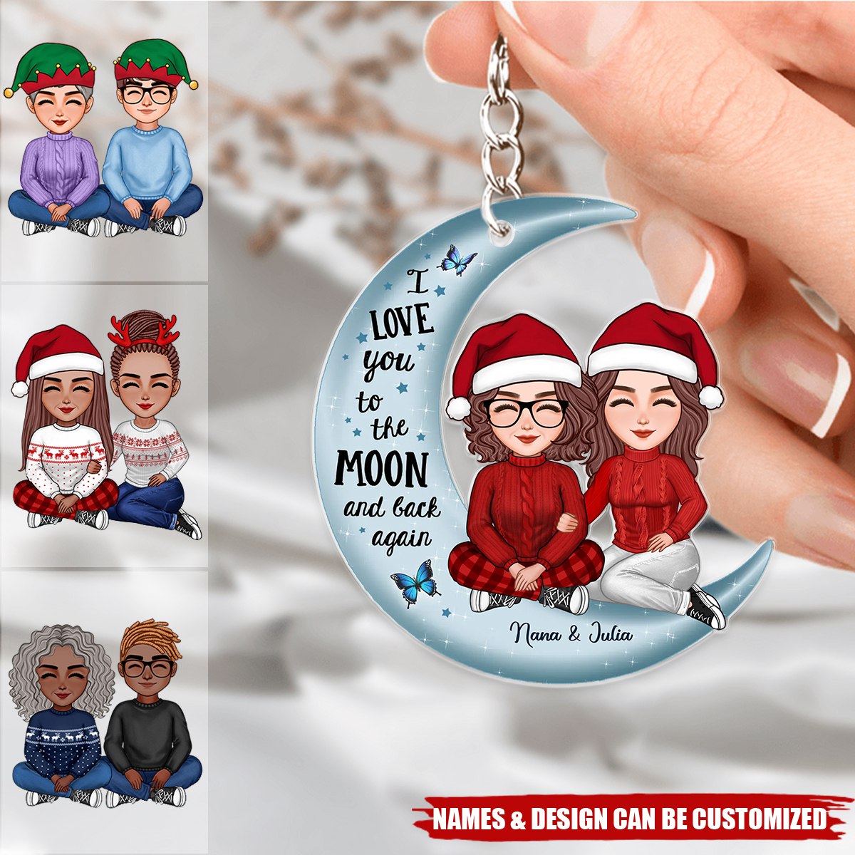 Cute Grandma & Teenage Grandkid Granddaughter Grandson On Moon Personalized Acrylic Keychain