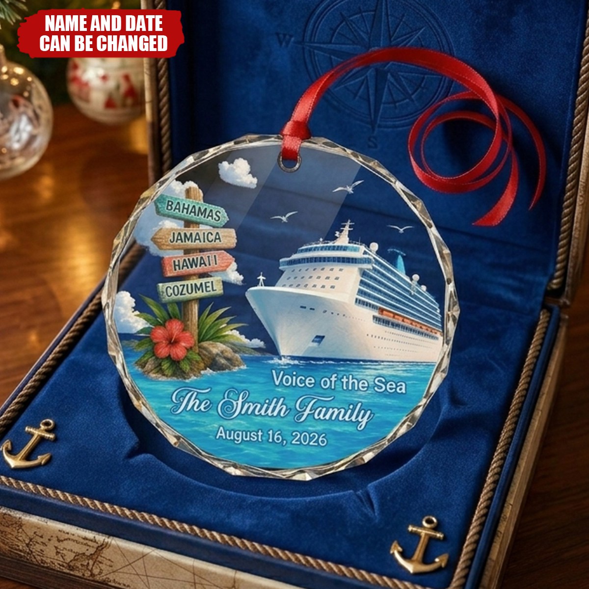 Custom Cruise Ship Circle Glass Ornament - Personalized Christmas Birthday Gifts For Mom, Dad, Brother, Sister - Making Waves Together