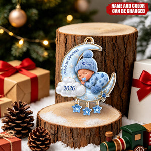 Personalized Sleeping Baby Crescent Moon Acrylic Ornament - Gift For New Parents, Baby Shower, Baby First Christmas