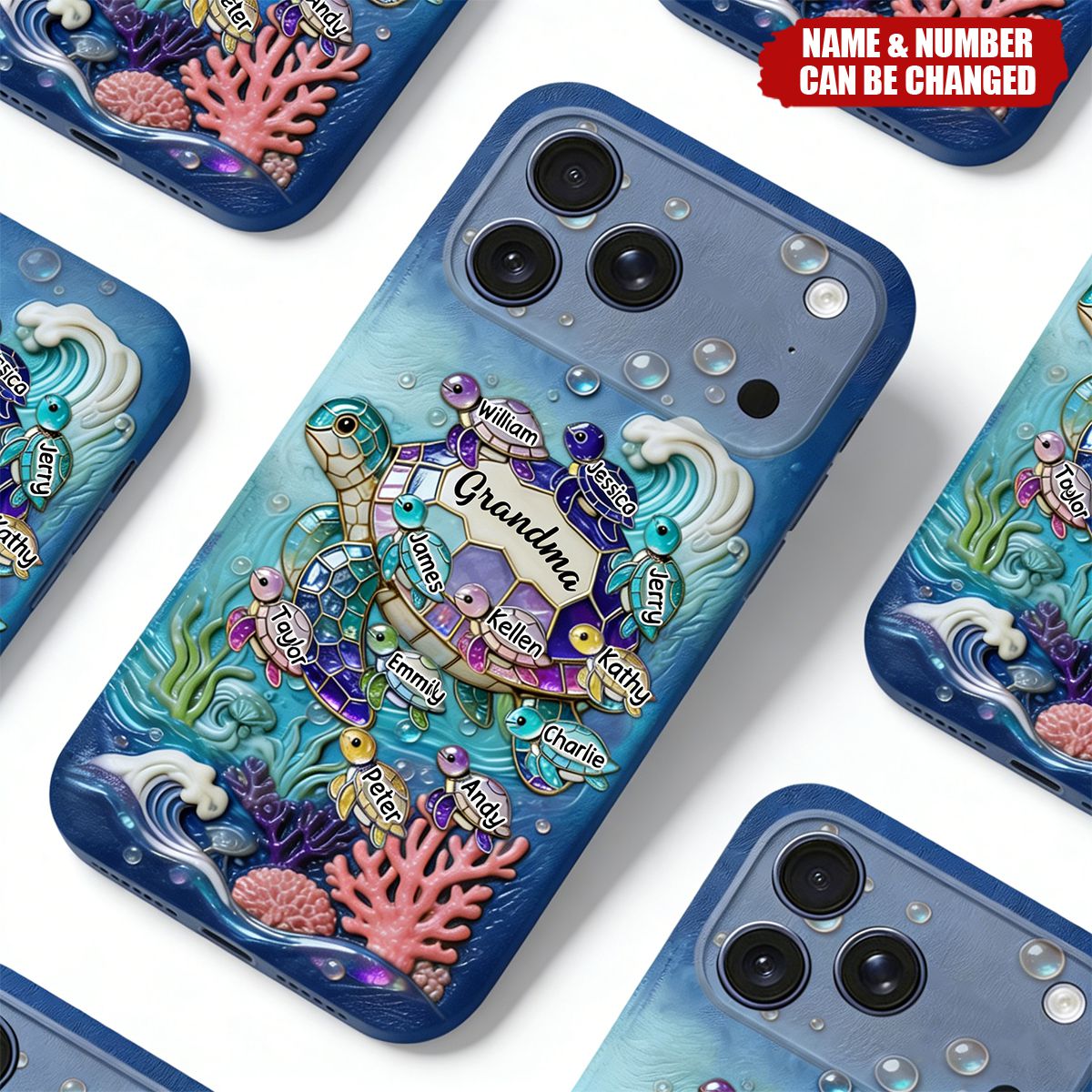 Grandma Turtle - Personalized Turtle 3D Embossed Leather Phone Case