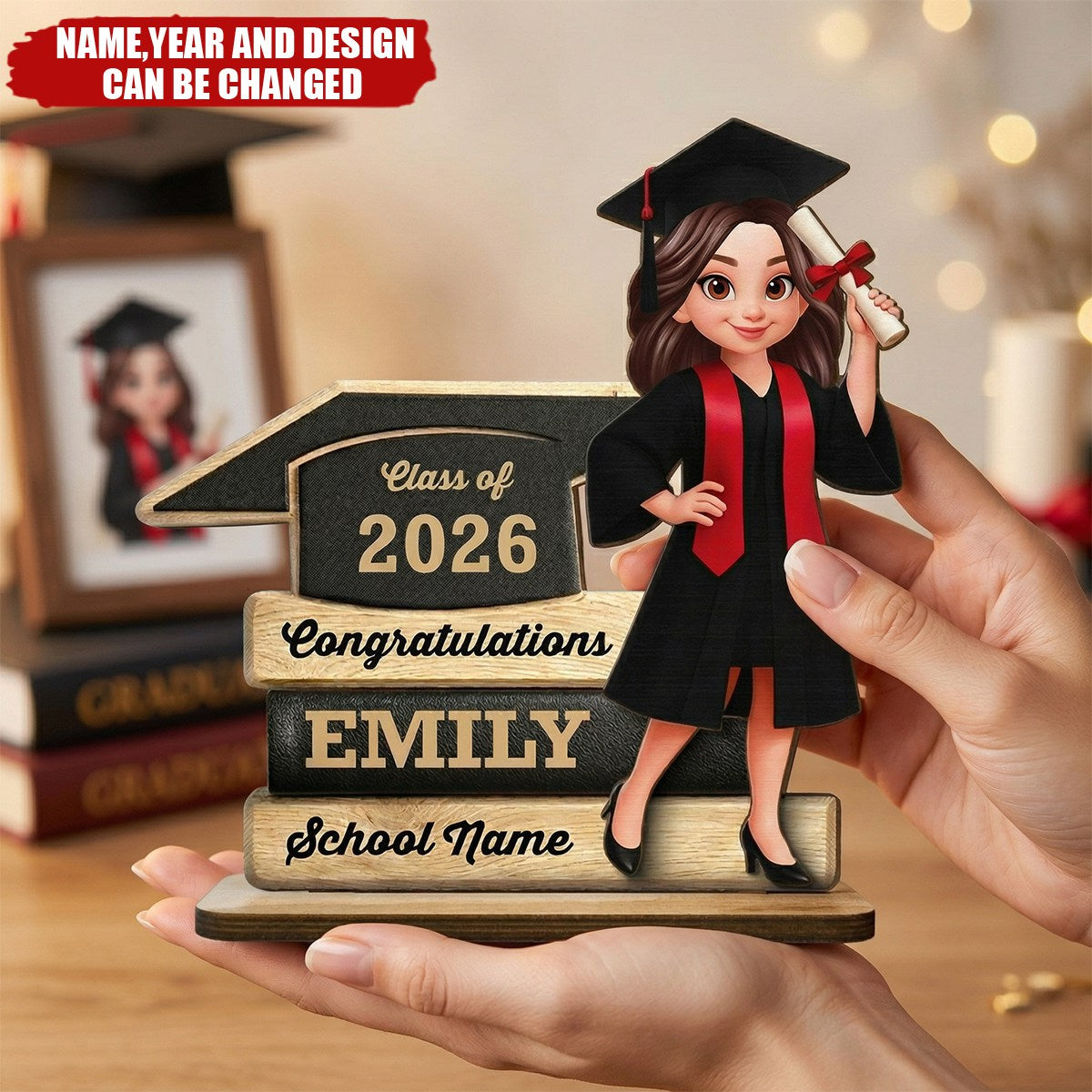 Cartoon Grad Holding Diploma - Personalized 2-Layered Wooden Plaque