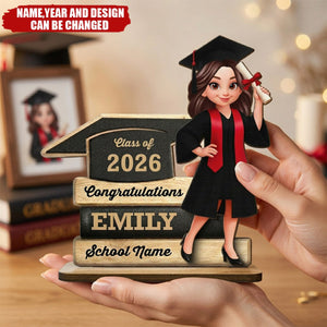 Cartoon Grad Holding Diploma - Personalized 2-Layered Wooden Plaque