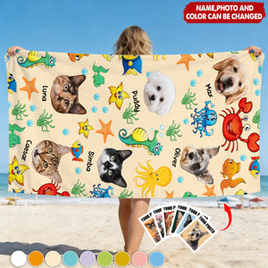 Cute Pets & Watercolor Sea Creatures - Personalized Photo Beach Towel