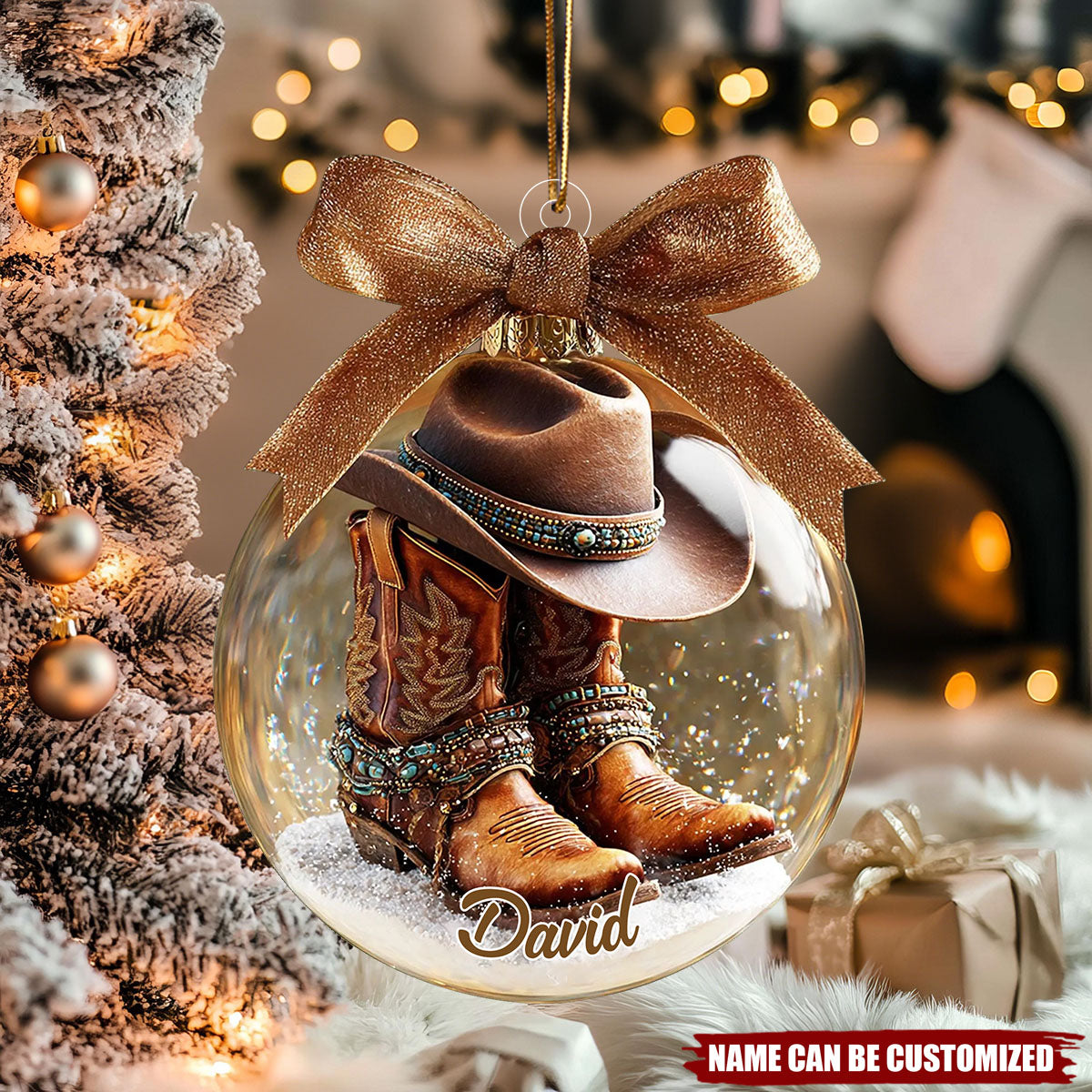 Personalized Cowboy Ornament, Custom Name Western Boots and Hat Ornament