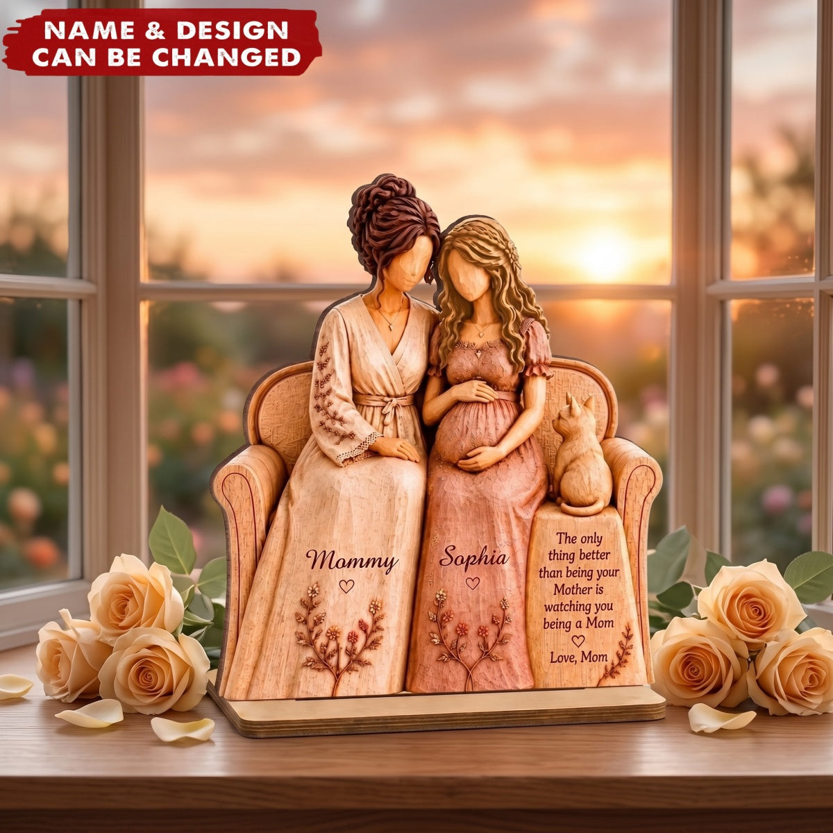 Seated Mother and Pregnant Daughter - Personalized 2-Layered Wooden Plaque