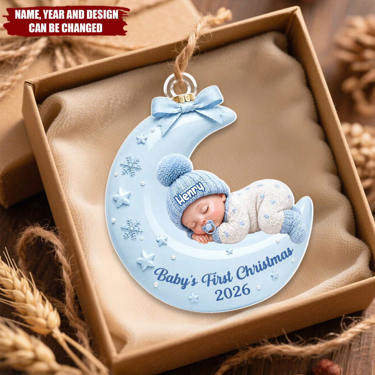 Pastel Pink Baby On Moon - Personalized Acrylic Custom Shape Ornament