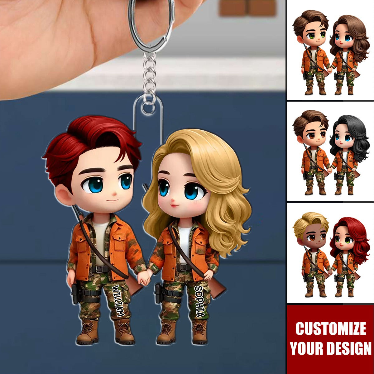 Cute Cartoon Couple Hunting Personalized Acrylic Keychain, Gift for Couple