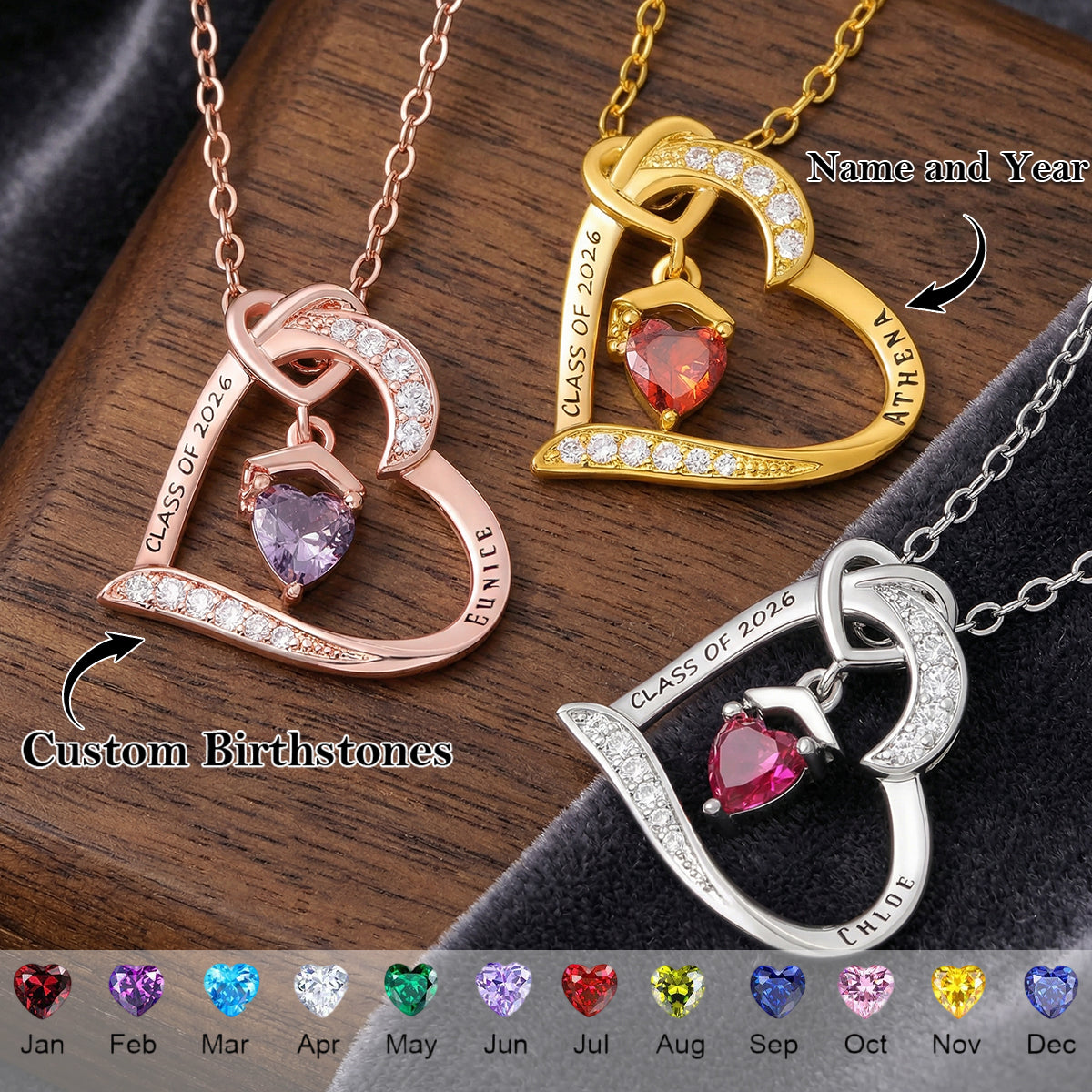 Personalized Graduation Cap Birthstone Heart Necklace