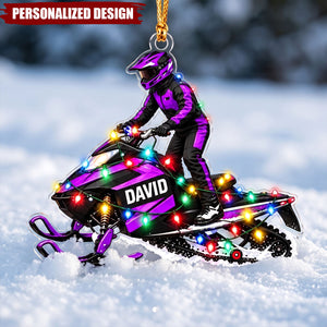 Personalized Snowmobile Rider Christmas Ornament, Custom Name Snowmobile with Lights