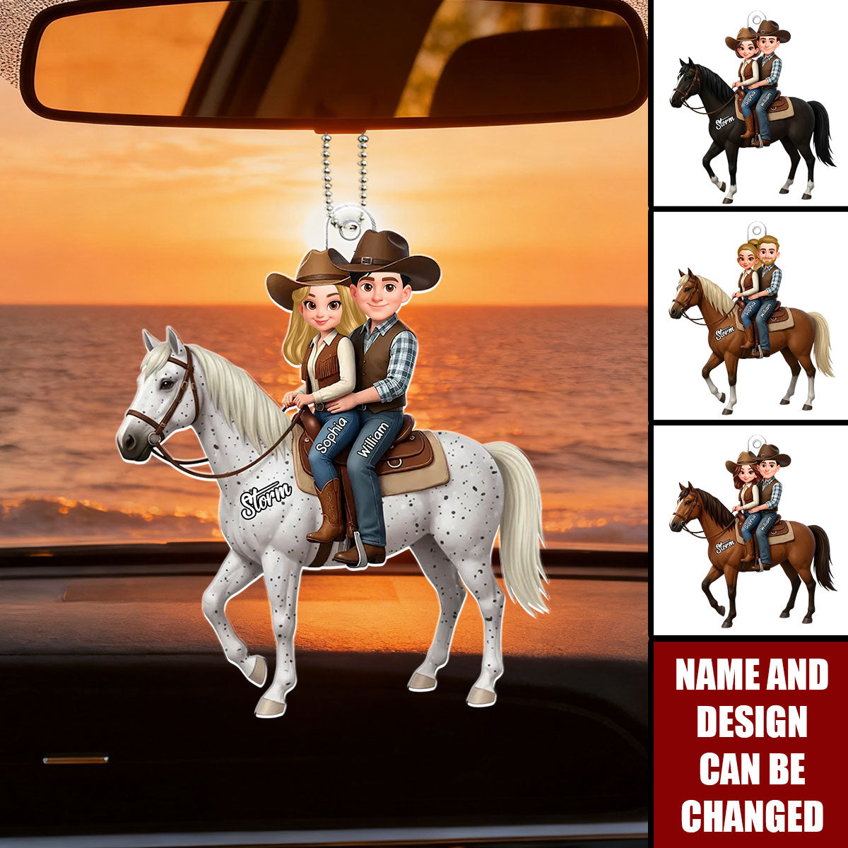 3D Effect Couple And Their Horse - Personalized Car Ornament
