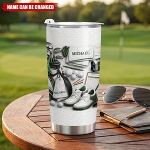 Golf Enthusiast Personalized Tumbler Featuring Clubs and Balls, Gift For Dad and Sports Lovers