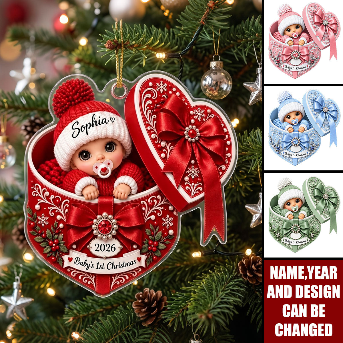 Personalized Baby’s First Christmas Ornament , Custom Name Heart Acrylic Ornament